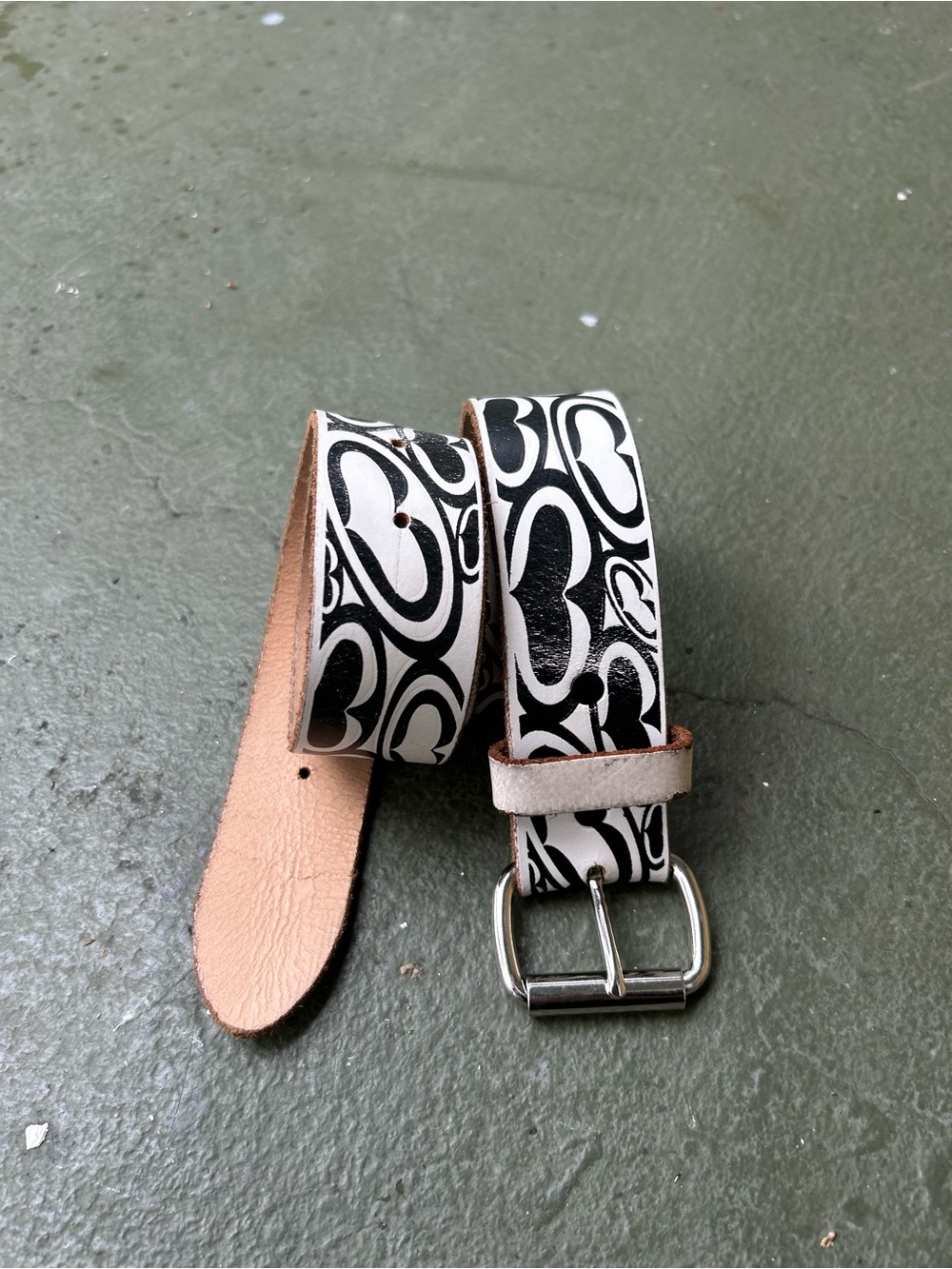Vintage Y2K Moto Black & White Heart Power Print Genuine Leather Adjustable Belt